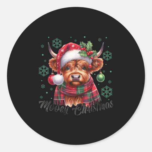 Mooey Christmas Highland Cow Christmas Lights Cow  Ronde Sticker (Voorkant)