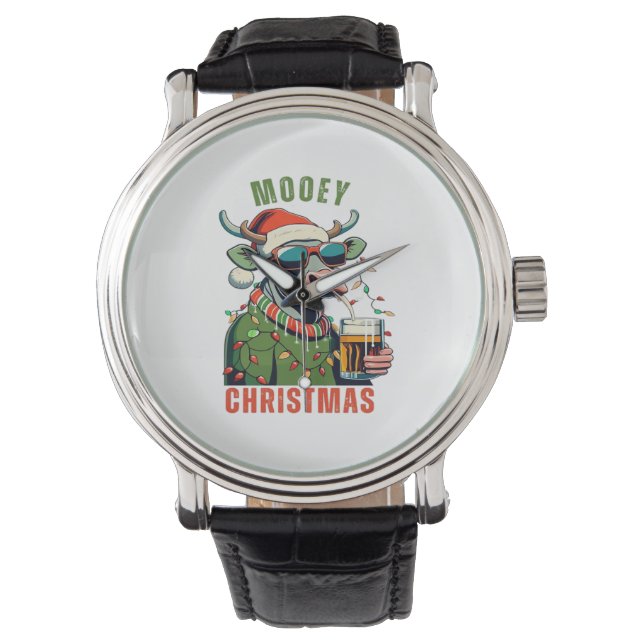 Mooey Christmas Highland Koe Light Santa Hat T-Shi Horloge (Voorkant)
