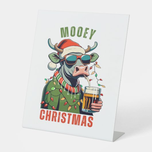 Mooey Christmas Highland Koe Light Santa Hat T-Shi Reclamebord Met Voetstuk (Voorkant)