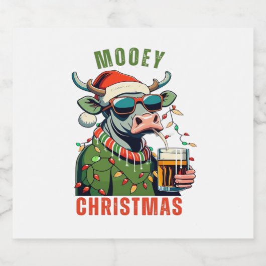 Mooey Christmas Highland Koe Light Santa Hat T-Shi Sparkling Wijnetiket (Enkel label)