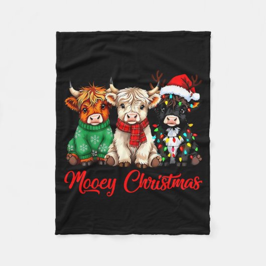 Mooey Christmas Lights Santa Hat Xmas Highland Cow Fleece Deken (Voorkant)