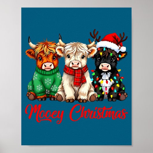Mooey Christmas Lights Santa Hat Xmas Highland Cow Poster (Voorkant)
