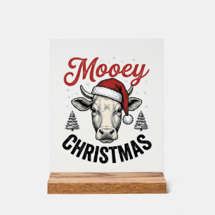 Mooey Kerst Koe Santa Hoed Vintage Gravure De Acryl Bord