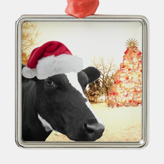 Mooey Kerstwinter Cow in Santa Hat Metalen Ornament (Voorkant)