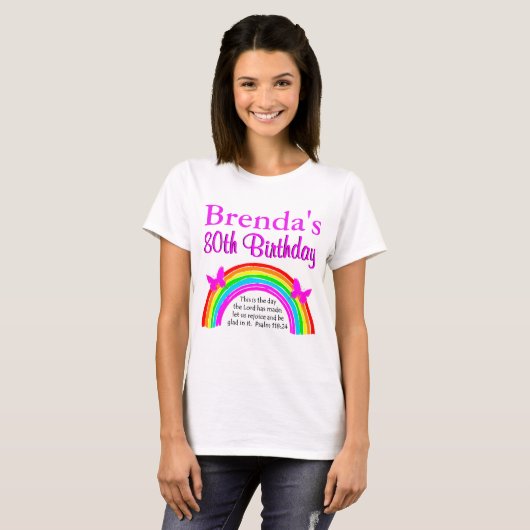 MOOI 80E VERJAARDAG REGENBOOG ONTWERP T-SHIRT (Voorkant volledig)