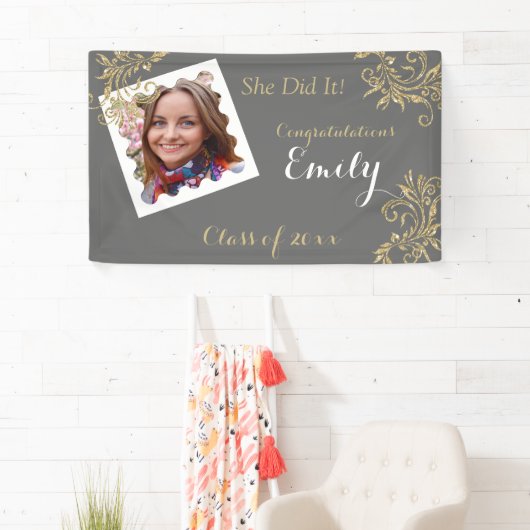 Mooi, Afstuderen, Faux Glitter, Aangepaste foto, Spandoek (Insitu)