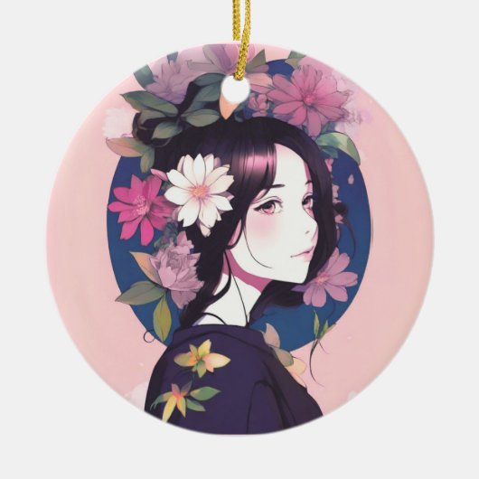Mooi anime meisje gekroond met bloemen keramisch ornament (Voorkant)