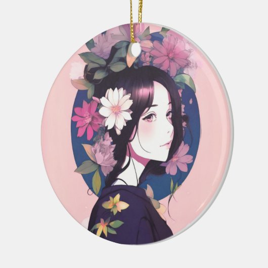 Mooi anime meisje gekroond met bloemen keramisch ornament (Links)