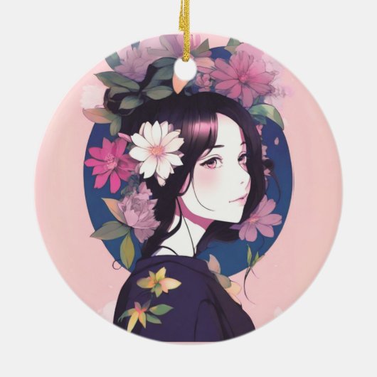 Mooi anime meisje gekroond met bloemen keramisch ornament (Achterkant)