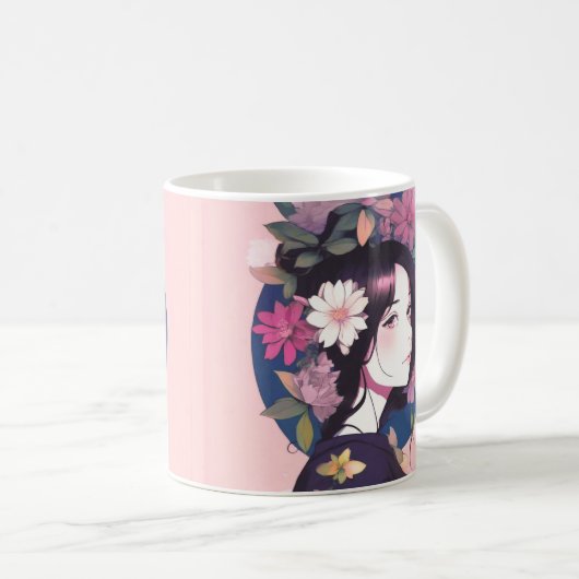 Mooi anime meisje gekroond met bloemen koffiemok (Voorkant rechts)