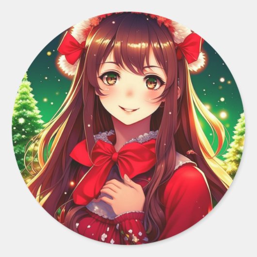 Mooi anime meisje in feestelijke rode kerst ronde sticker (Voorkant)