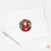 Mooi anime meisje in feestelijke rode kerst ronde sticker (Envelop)
