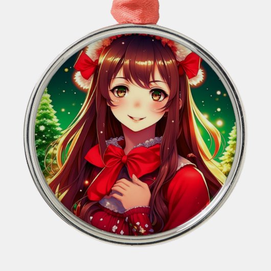 Mooi anime meisje in rode kerst metalen ornament (Voorkant)