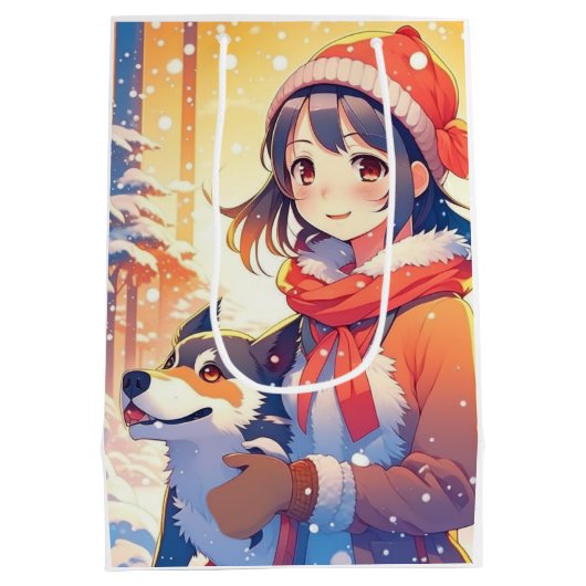Mooi anime meisje met husky hond kerst medium cadeauzakje (Achterkant)