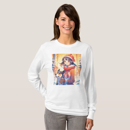 Mooi anime meisje met husky hond kerst t-shirt (Voorkant volledig)