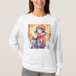 Mooi anime meisje met husky hond kerst t-shirt