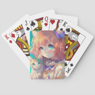 Mooi anime meisje met schattig kitten pokerkaarten