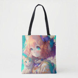 Mooi anime meisje met schattig kitten tote bag