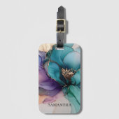 Mooi Aqua Blauw Paars Goud Bloem Bagagelabel (Voorkant (verticaal))