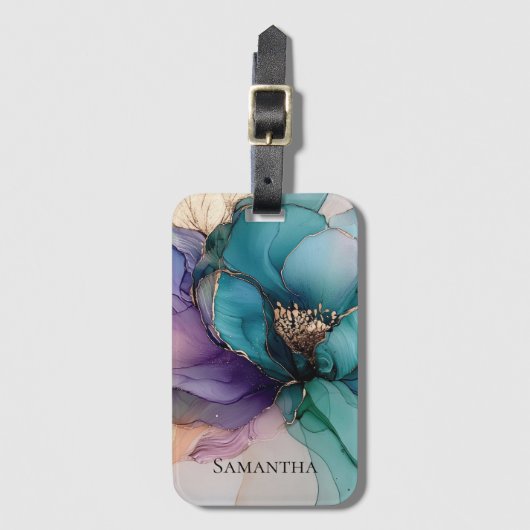 Mooi Aqua Blauw Paars Goud Bloemmotief Bagagelabel (Voorkant (verticaal))
