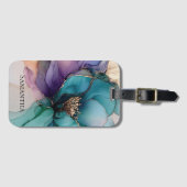 Mooi Aqua Blauw Paars Goud Bloemmotief Bagagelabel (Voorkant (horizontaal))