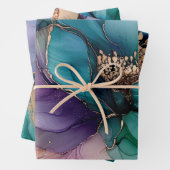 Mooi Aqua Blauw Paars Goud Bloemmotief Inpakpapier Vel (In situ)