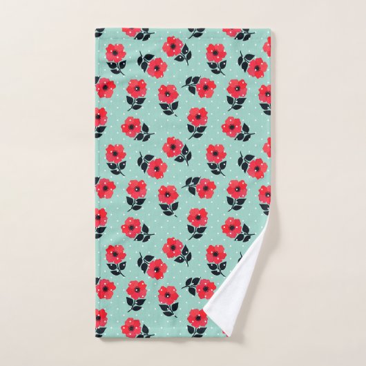 Mooi Aqua en Rode Bloemen Polka Dot Patroon Handdoek (Handdoek)