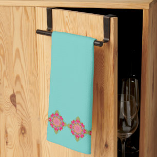 Mooi aqua roze en groen bloemmotief theedoek