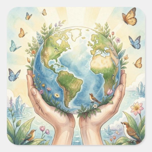 Mooi Aquarel Aarde, Vlinders en Vogels Vierkante Sticker (Voorkant)