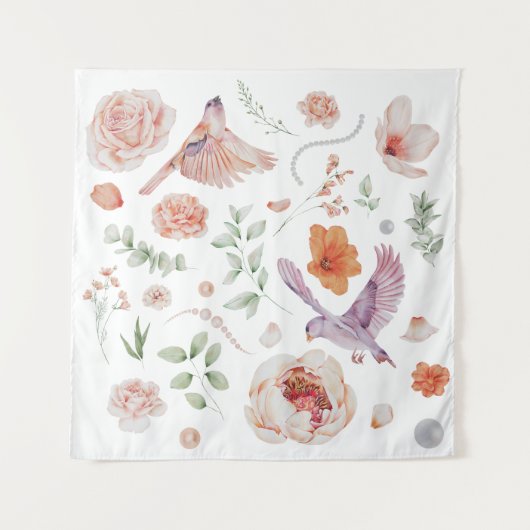 Mooi aquarel bloemmotief met kolibrie wandkleed (Voorkant)