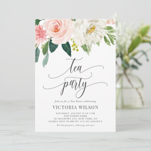 Mooi Aquarel Blosems Thee Partij in Grijs Kaart (Staand voorkant)