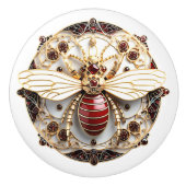 Mooi, Art Deco Goud Rood Robijnen Wit Emaille Keramische Knop (Voorkant)