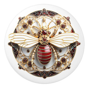 Mooi, Art Deco Goud Rood Robijnen Wit Emaille Keramische Knop