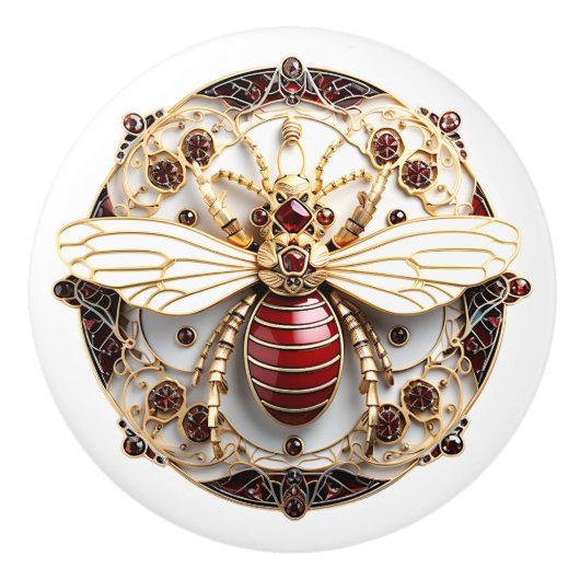 Mooi, Art Deco Goud Rood Robijnen Wit Emaille Keramische Knop (Voorkant)