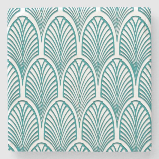 Mooi, art deco, nouveau, sjabloon, blauwgroen, wit stenen onderzetter (Voorkant)