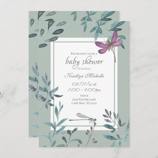 Mooi Baby shower van Dragonfly Garden Greenery Kaart (Voorkant / Achterkant)