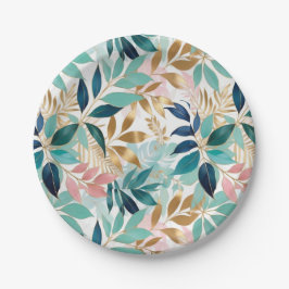 Mooi bladpatroon roze aqua papieren bordje