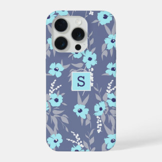 Mooi Blauw Bloemen Patroon Monogram / Initiaal iPhone 15 Pro Case