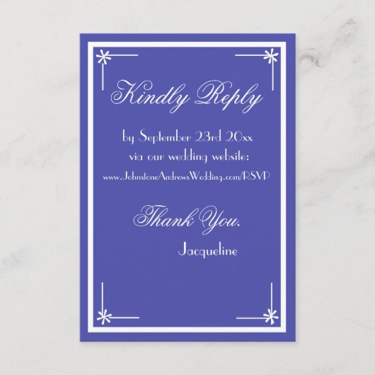 Mooi blauw Elegant Script Classic Wedding RSVP Informatiekaartje (Voorkant)