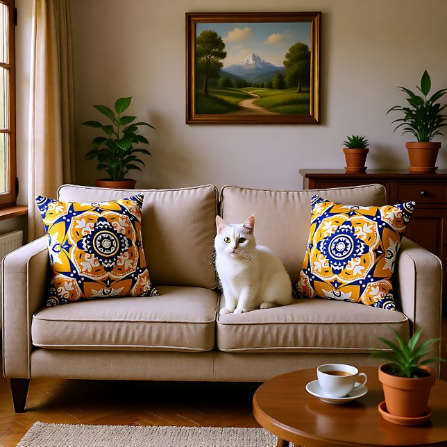 💛 🤍 mooi blauw en geel Azulejos Kussen (💛💙🤍 Beautiful blue and yellow Azulejos Throw Pillow)