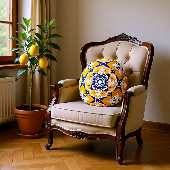 💛 🤍 mooi blauw en geel Azulejos Rond Kussen (Beautiful blue and yellow Azulejos Round Pillow)