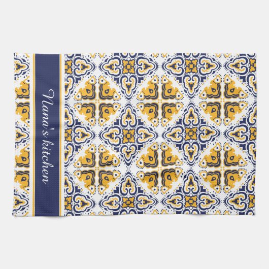 💛 🤍 mooi blauw en geel Azulejos Theedoek (Horizontaal)