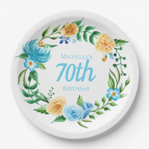 Mooi blauw en geel bloemmotief 70ste verjaardag papieren bordje