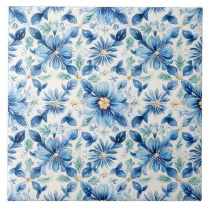 Mooi blauw en geel bloemmotief Mediterraan Tegeltje