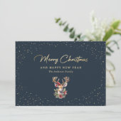 Mooi blauw en goudsneeuwrendierkerst feestdagenkaart (Staand voorkant)