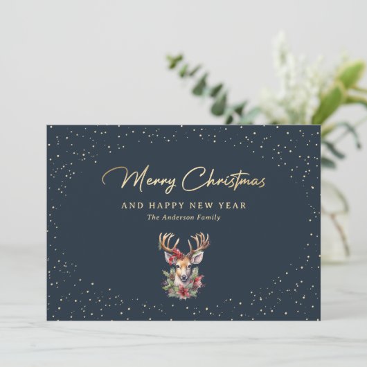 Mooi blauw en goudsneeuwrendierkerst feestdagenkaart (Staand voorkant)