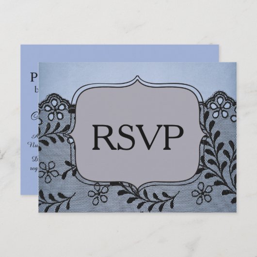 Mooi Blauw en Zwart Faux Lace RSVP Uitnodiging Briefkaart (Voorkant / Achterkant)