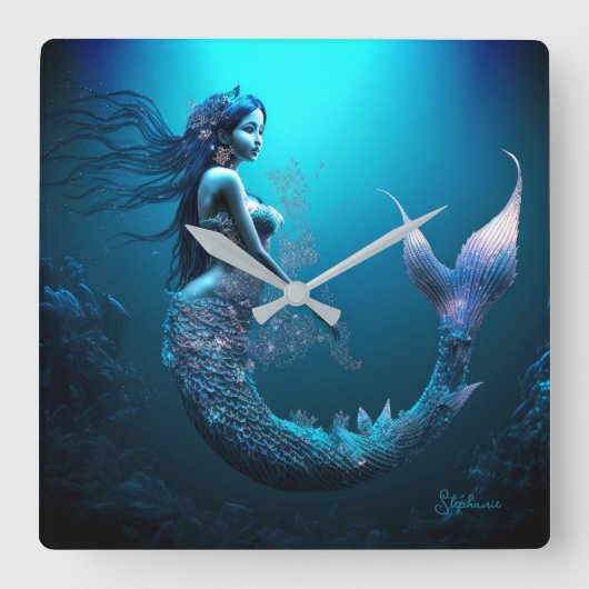 Mooi blauw Fantasy Mermaid Vierkante Klok (Voorkant)