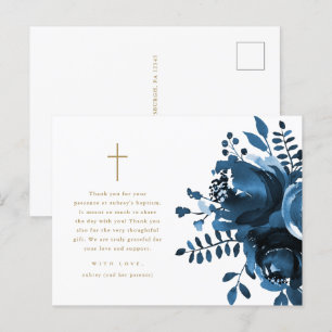 Mooi blauw Floral Cross Baptisme Hartelijk dank Briefkaart