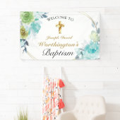 Mooi blauw Floral Gold Cross Baptisme Welkom Spandoek (Insitu)